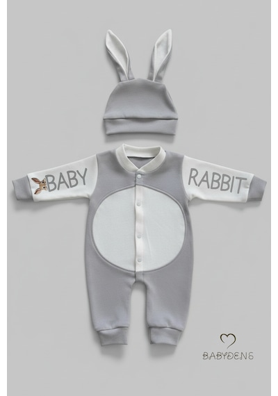 Babyden's Bebek Tavşanlı Tulum Şapka Set %100 Pamuklu Çıtçıtlı,ayarlanır Ponponlu Unisex Yenidoğan Tulum Seti Gri