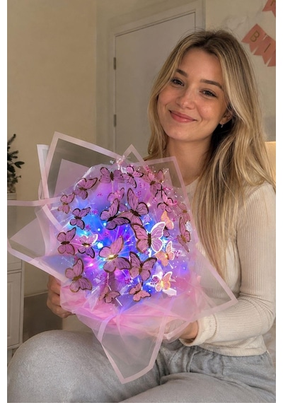 Işıklı Kelebek Buketi Premium Rgb Led Kelebekli Çiçek Buketi, Sevgiliye Kıza Arkadaşa Romantik Doğum Günü Hediyesi