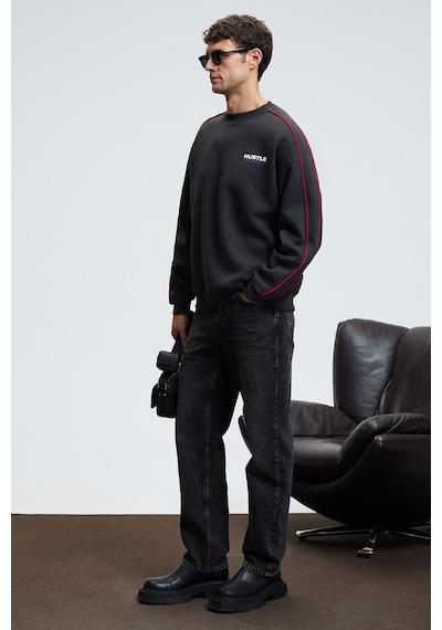Grimelange LEIF Erkek Kolları Biyeli Önü Baskılı Yuvarlak Yaka Oversize Antrasit Sweatshirt