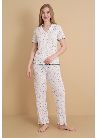 Wordex Mirano 1714 Çiçekli Pointel İnce Kumaş Düğmeli Kısa Kollu Kadın Pijama Takımı Ekru