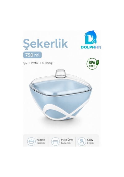 Dolpfin 750 Ml Kapaklı Şekerlik Siyah Beyaz Masaüstü Toz Ve Küp Şeker Kabı Bpa İçermez Mavi