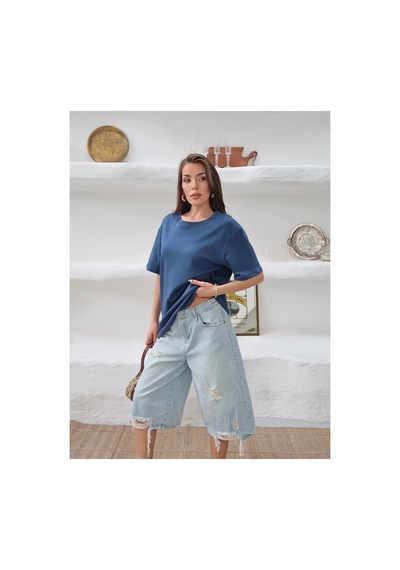 Paw Garage Kadın Mia İnterlok Kumaş Bisiklet Yaka Oversize T-shirt Mavı