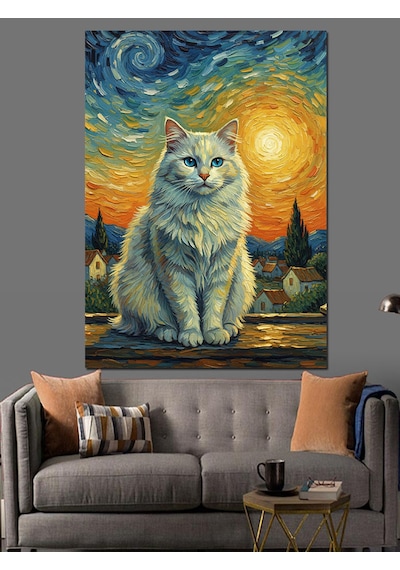 Karizma Tablo Van Gogh Stili Beyaz Kedi Dekoratif Kanvas - Mdf Ahşap Tablo