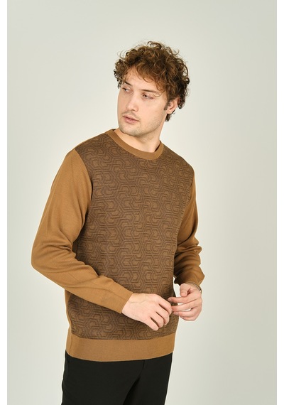 Ateş Triko Erkek Bisiklet Yaka Desenli Yün Kazak 3035 Camel Camel