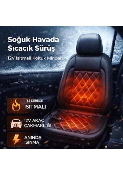 Polham 12v Isıtmalı Araç İçi Koltuk Minderi 65 C Ye Kadar Güçlü Isıtma Çakmaklık Girişli Tak-çalıştır 1 Adet