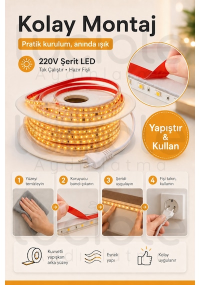 3 Metre 220v Amber Şerit Led Hazır Fişli Tak Çalıştır Silikonlu Yapışkanlı Dış Mekan
