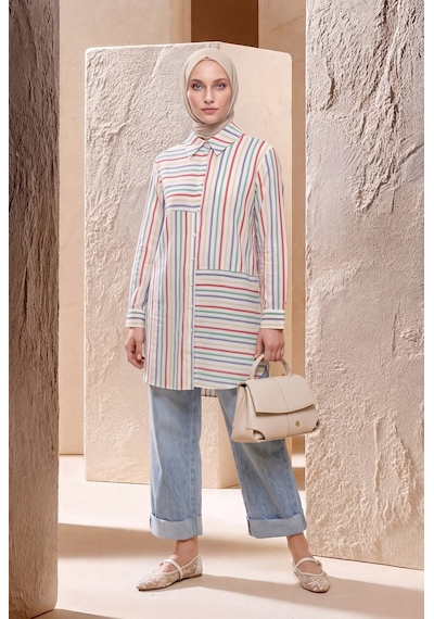 Armine Trend Çizgili Asimetrik Blok Detaylı Düğmeli Uzun Kollu Oversize Gömlek Tunik 90 Cm Boy Oranj 26yt490