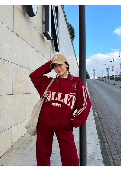 Freedom Storee Kadın 3 İplik Pamuklu Yakalı Sweat Baggy Pantolonlu Takım - Bordo Çok Renkli