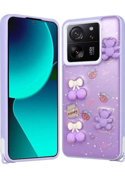 Xiaomi Mi 13t Kılıf Parlayan Simli Kabartma Figürlü Zore Cevze Kapak Mor Ayı