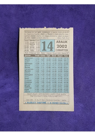 14 Aralık 2002 Takvim Yaprağı - Nostalji Koleksiyonluk Takvim Yaprağı