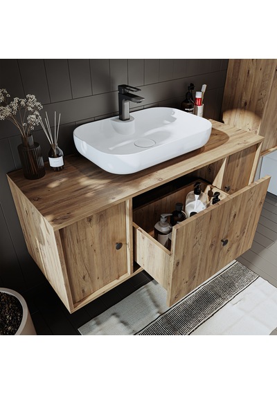 Oval Lavabolu Mat Mdf 120 Cm Banyo Alt Dolabı + Aynalı Dolap Atl Atlantik Çam