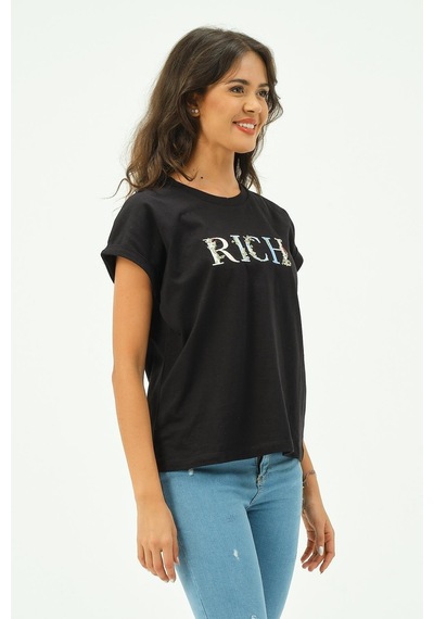 Siyah Kadın Rich Nakışlı Tişört Tshirt Çok Renkli