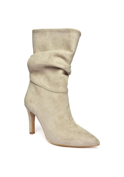 Fox Shoes R404020302 Bej Süet İnce Topuklu Büzgülü Kadın Bot Bej