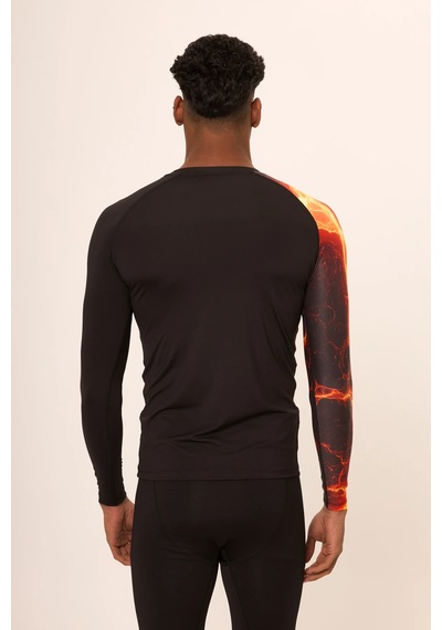 Hnc Sport Ateş Erkek Uzun Kol Tek Kol Dijital Baskılı Compression Fitness Gym Spor Body Tshirt Siyah