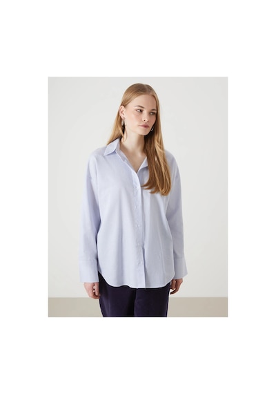 LC Waikiki Lcw Vision Mavi Çizgili Oversize Oxford Kadın Gömlek Blue Strıped