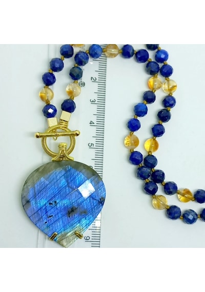 Sibelce 2168 Labradorit Lapis Lazuli Sitrin El Yapımı Düğümlü Kolye Çok REnkli