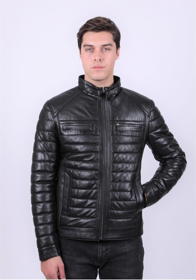 New Zaya Leather Erkek Siyah Şişme Deri Mont Hakiki Deri Siyah