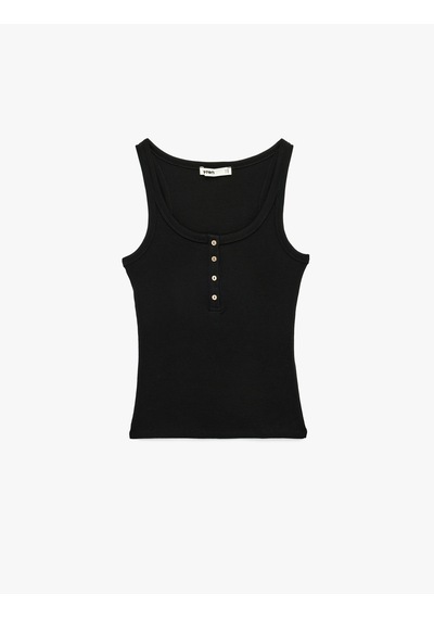 Koton Pamuklu Slim Fit Süs Düğmeli U Yaka Fitilli Atlet Siyah 6sak10032pk