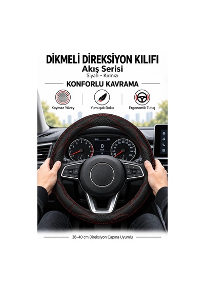 Trobus Ford Transit Connect 2002-2013 Uyumlu Dikmeli Direksiyon Kılıfı Akış Siyah Kırmızı Siyah - Kırmızı