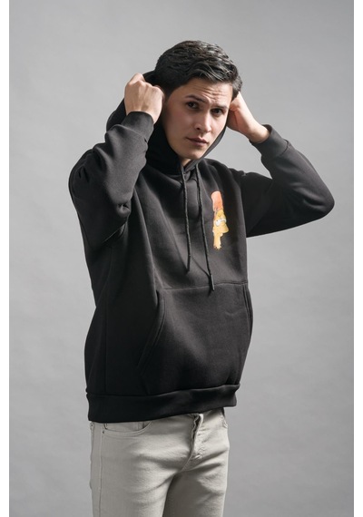 Regular Fit Kapşonlu 3 İplik Kalın İçi Polarlı Kangru Cepli Baskılı Erkek Sweatshirt 001