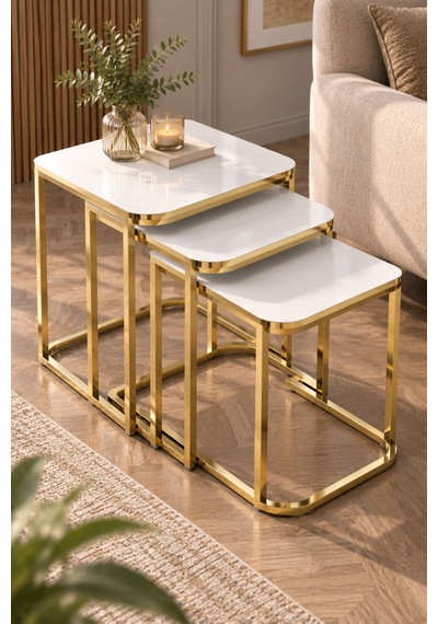Sulorahome Beyaz 3'lü Zigon Sehpa Seti Gold Metal Ayaklı