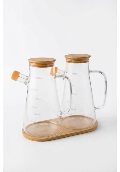 Makri Home 2'li 900 Ml Bambu Kapaklı Ve Altlıklı Borosilikat Cam Yağlık/sirkelik/sosluk Şeffaf