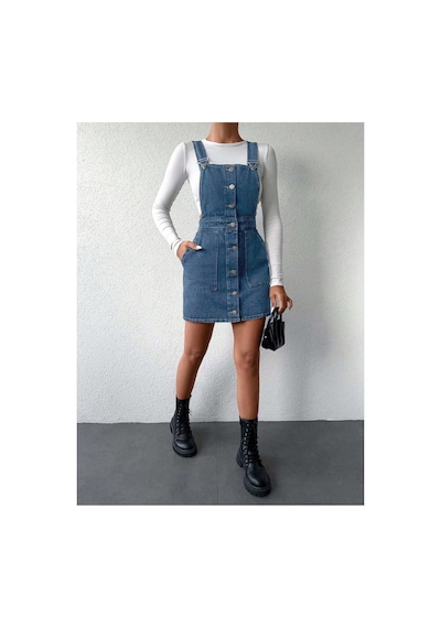 Kene Jeans Ön Düğmeli Etekli Koyu Mavi Bahçevan Elbise Koyu Mavi