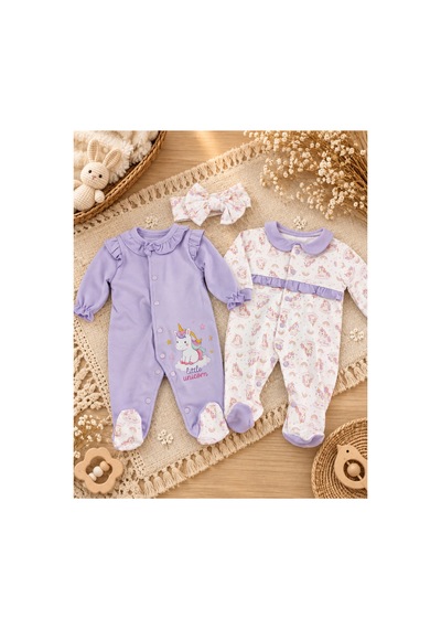 Omeca Concept Kız Bebek Unicorn Desenli 3'lü Tulum Seti Lila Ve Ekru Çıtçıtlı Patikli 2 Tulum Ve Fiyonklu Bandana