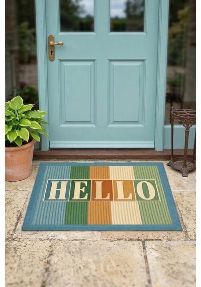 Valerine Life Hello Retro Tipografi Dijital Baskılı İşyeri Ev Ofis Kapı Önü Dış Paspası 45x70cm Kahverengi
