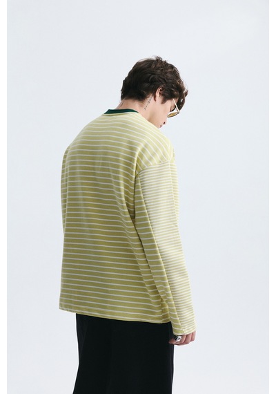 Vamos Kontrast Yaka Çizgili Sweatshirt Ekru-sarı