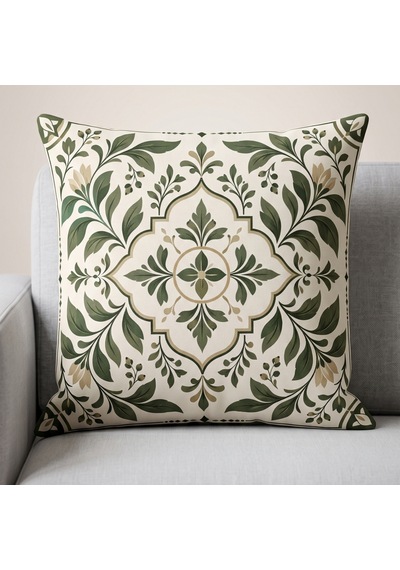 4'lü Haki Krem Klasik Botanik Desenli Dekoratif Kırlent Kılıfı Seti - Çift Taraflı 43x43 Cm Haki Yeşil
