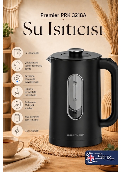 Premier PRK 3218A 1.7 L Isıya Dayanıklı Cam Hazneli Led Işıklı Su Isıtıcısı Kettle