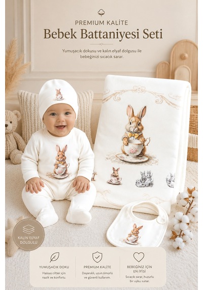 Sitilin Kız Erkek Bebek Atelier Premium 4'lü Hastane Çıkışı Seti Dolgulu Battaniyeli Yenidoğan Seti Stl7175 Beyaz