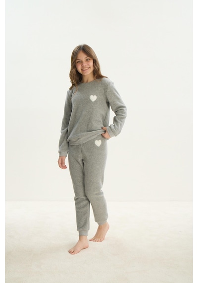 Kız Çocuk Garson Uzun Kol Polar Gri Melanj Pijama Takım C0t5n7o8 001