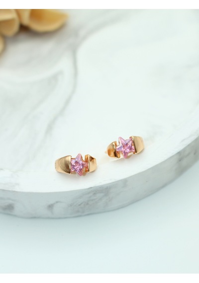 Vıp Pembe Yıldız Taşlı Gold Çelik Küpe - Suya Ve Denize Dayanıklı Gold