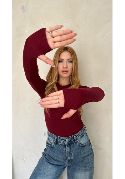Kadın Bordo Likralı Uzun Kollu Basic Body Fit Kalıp, Esnek Ve Yumuşak Dokulu Bordo