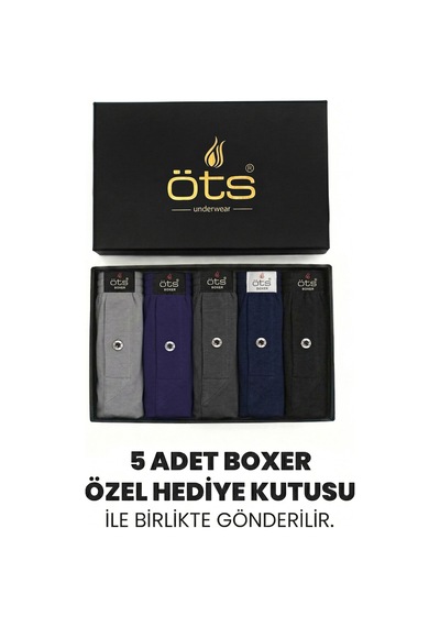 Öts Premium 5'li Erkek Boxer Düğmeli, Süprem - Hediye Kutulu, %100 Pamuk, Koyu