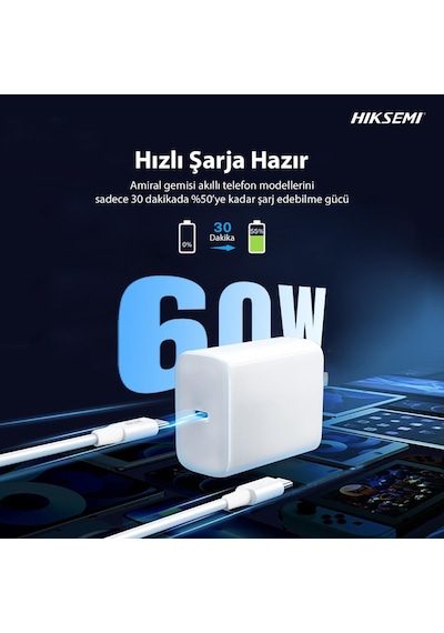 Hıksemı Hs-hub-cbc2c Usb-c To Usb-c Hızlı Şarj Ve Veri Kablosu 60w, 1m - Beyaz