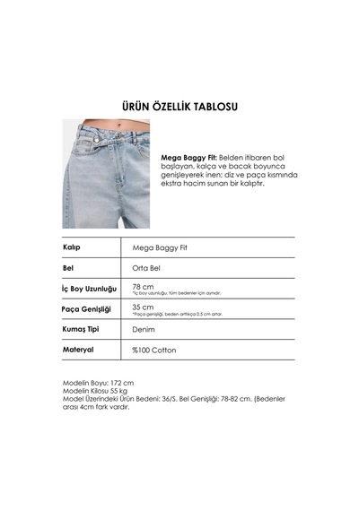 Itsbasic Kadın Kot Rengi 4s6-3 Mega Baggy Fit Kemer Detaylı Bol Kesim Denim Jean Mavi