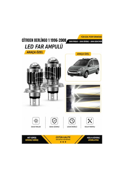 Citroen Berlingo 1996-2008 H4 Led Far Ampulü Beyaz Işık Canbus Mini Lensli 2'li Set