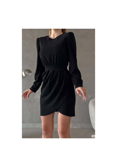 DefyModa Kadın Günlük Bisiklet Yaka Uzun Kollu Abiye Elbise Siyah