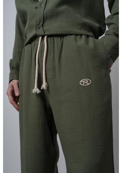 Respire Erkek R Nakışlı Müslin Baggy Pantolon Koyu Haki