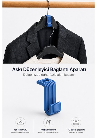 Askı Düzenleyici Bağlantı Aparatı Dolap İçi Yer Tasarruf Sağlayan Askı Organizeri 3d Baskı Çok Renkli