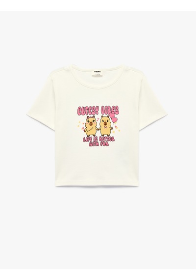 Koton Kısa Kollu Slim Fit Bisiklet Yaka Pamuklu Crop Baskılı Tişört Ekru 6skg10480ak Koton Kısa Kollu Slim Fit Bisiklet Yaka Pamuklu Crop Baskılı Tişört Ekru 6skg10480ak