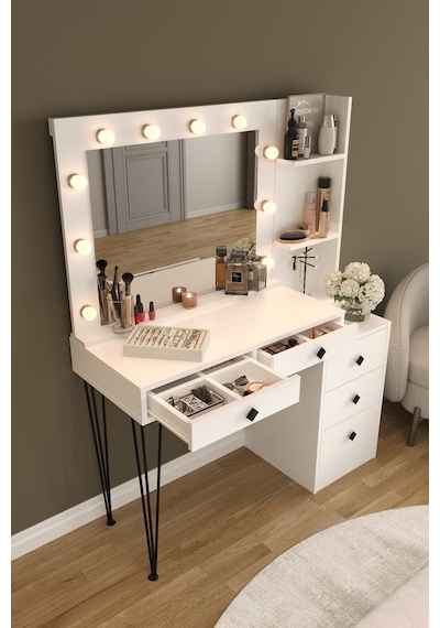 Df02121 Led Işıklı Aynalı Makyaj Masası Raflı Çekmeceli Beyaz Hollywood Model Makyaj Organizer