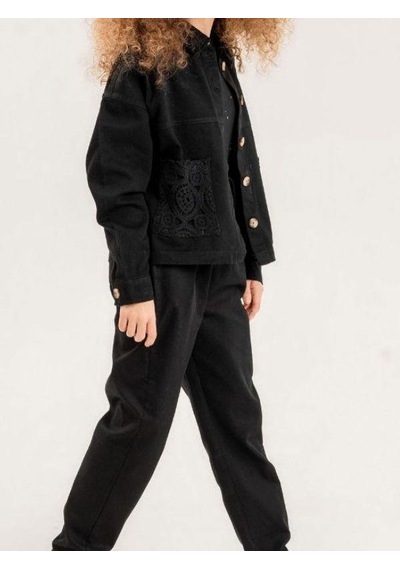 Zekids Kız Çocuk Brode Cep Gabardin Ceket-13903 Siyah
