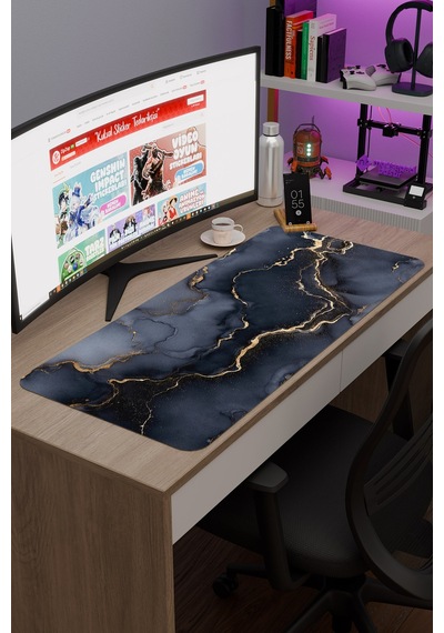 Siyah Mermer Kaymaz Dikişli Kauçuk Oyuncu Mousepad V2 - 90x40 Xxl Gaming Mouse Pad Fare Altlığı