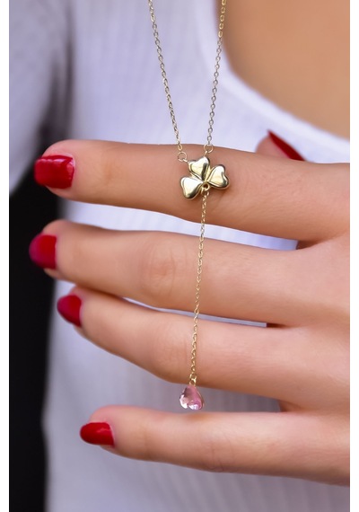 Papatya Silver 925 Ayar Gold Kaplama Pembe Taşlı Kalp Yonca Kadın Kolye