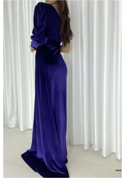 Lior Design Kadın İnce Kadife Kumaş Tek Omuz Kemerli Maxi Abiye Elbise Mor