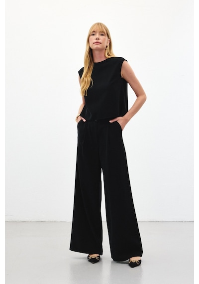 Sateen Geniş Paça Pantolon - Siyah-136449 Siyah